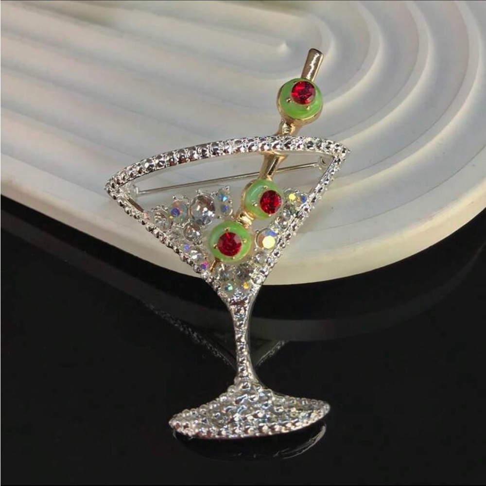 Crystal Martini Cocktail Brooch with Green and Red Accents